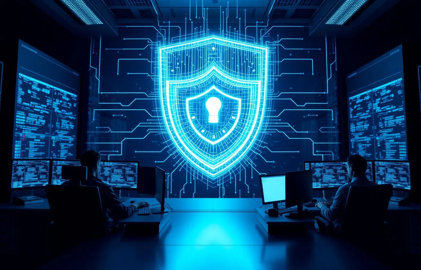 Cybersecurity operations center with secure network monitoring screens
