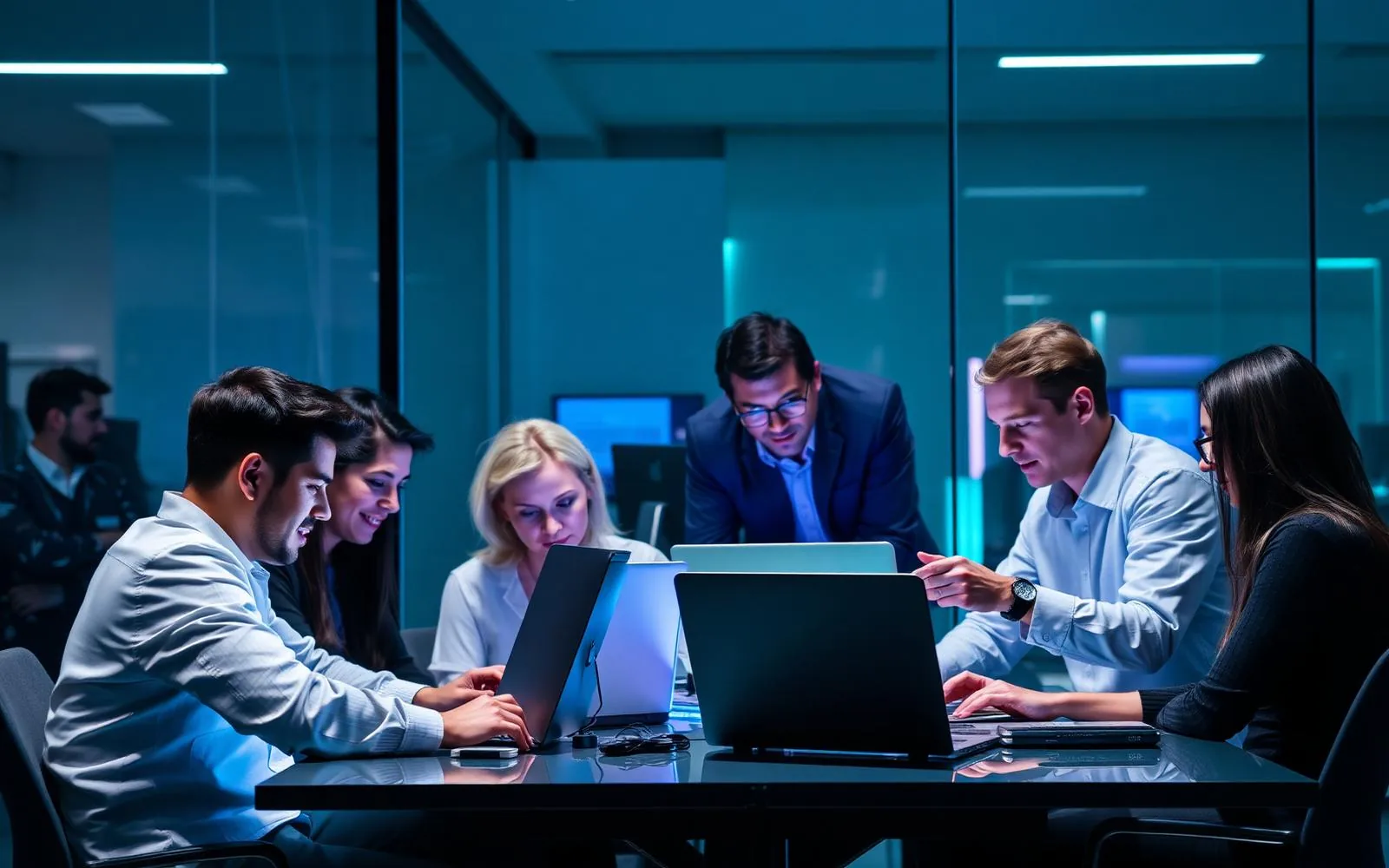 IT team collaborating on web application planning in a modern office