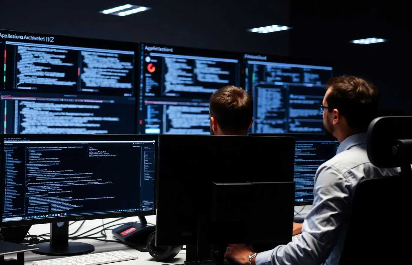 Software development team working across multiple application screens